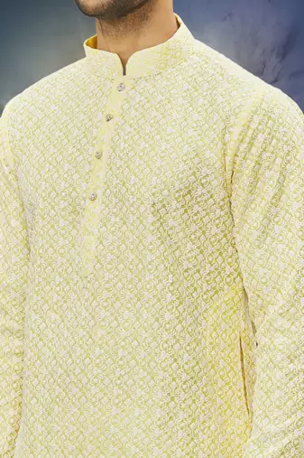 Men's light yellow embroidered kurta pajama