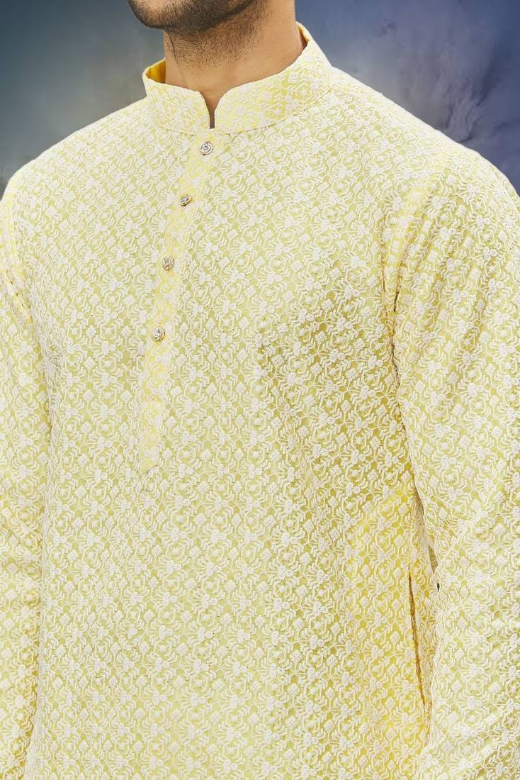 Men's light yellow embroidered kurta pajama