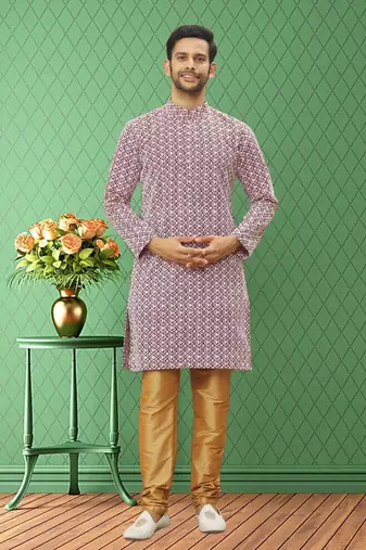 Men's wine embroidered kurta pajama