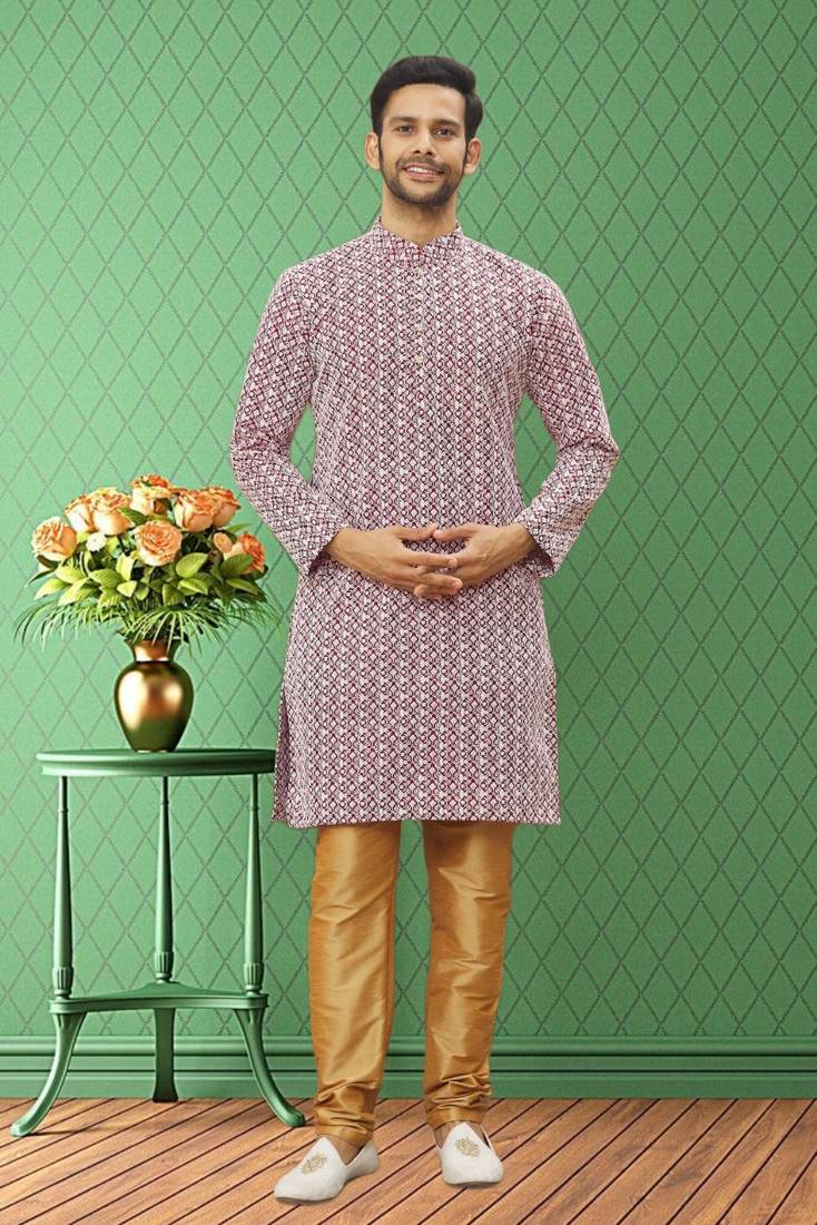 Men's wine embroidered kurta pajama