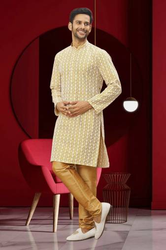 Men's light yellow embroidered kurta pajama