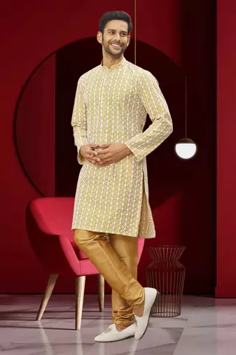 Men's light yellow embroidered kurta pajama