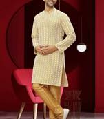 Men's light yellow embroidered kurta pajama