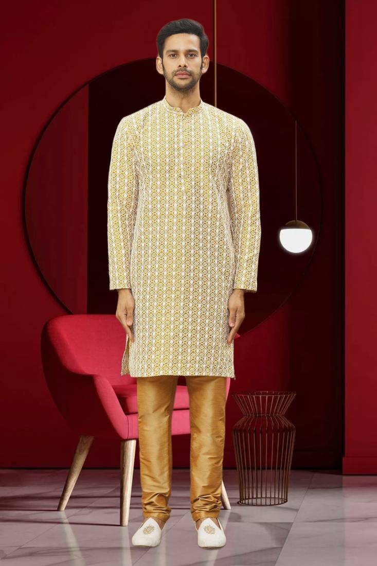 Men's light yellow embroidered kurta pajama