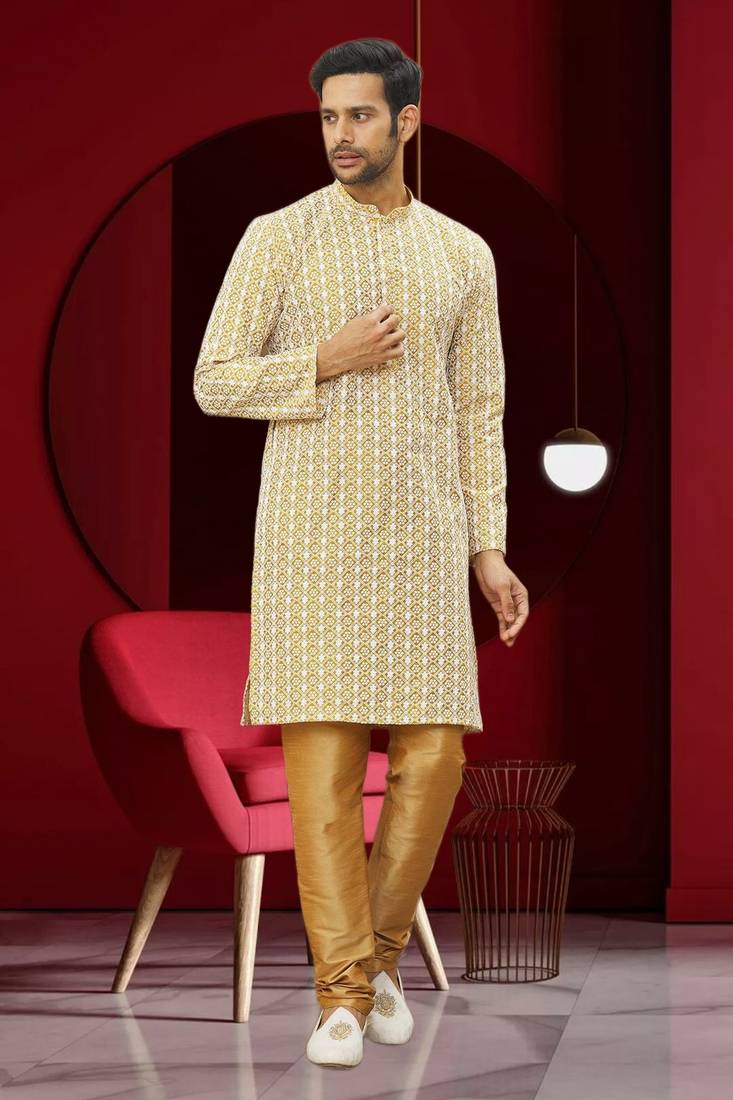 Men's light yellow embroidered kurta pajama