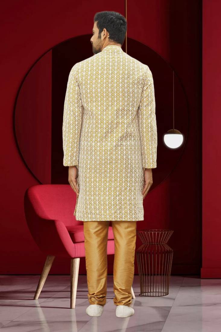 Men's light yellow embroidered kurta pajama