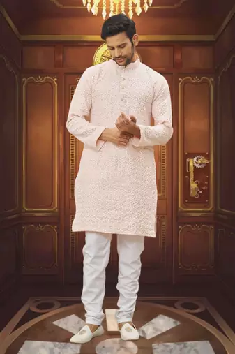 Men's light pink embroidered kurta pajama