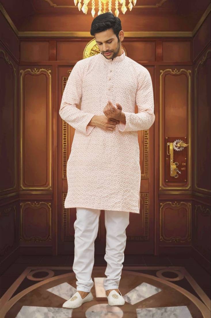 Men's light pink embroidered kurta pajama