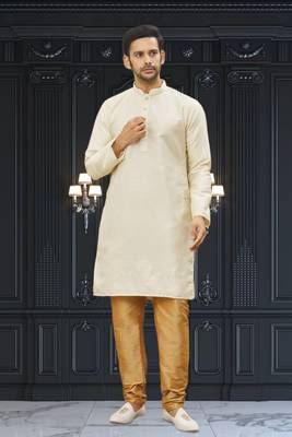 Men's cream woven kurta pajama 1