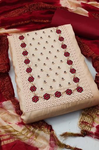 Beige Zora silk blend Embroidered Unstitched Dress Material