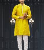 Men's light yellow embroidered kurta pajama