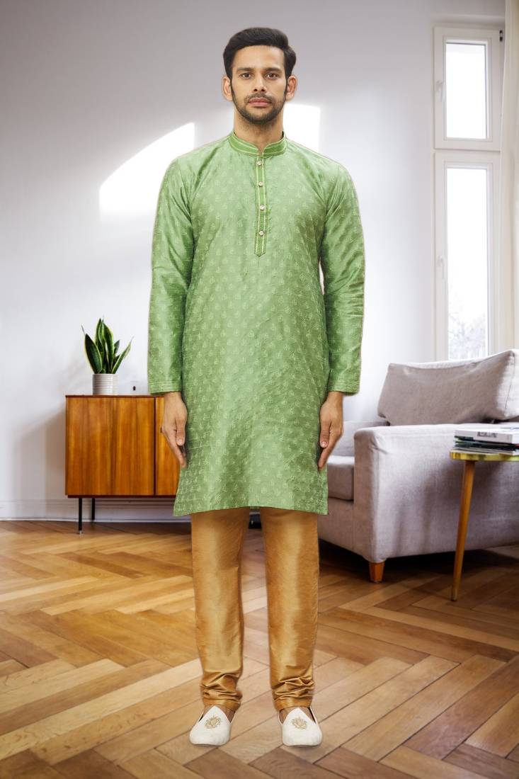Men's light green woven kurta pajama