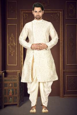 Men's cream woven dhoti kurta 1