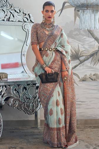 Sky Blue Traditional Floral Woven Kashmiri Kani Saree With Beautiful Tassels Weaving Saree For Women