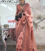 Peach Traditional Floral Woven Kashmiri Kani Saree With Beautiful Tassels Weaving Saree For Women