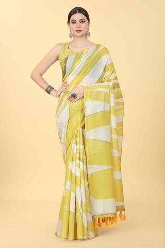 Silk Land  Yellow  Printed Cotton Blend Saree 
