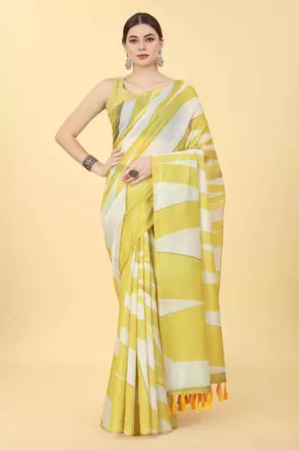 Silk Land  Yellow  Printed Cotton Blend Saree 