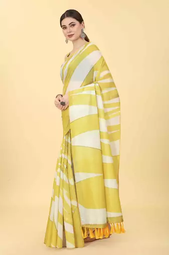 Silk Land  Yellow  Printed Cotton Blend Saree 