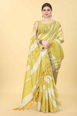 Silk Land  Yellow  Printed Cotton Blend Saree  4