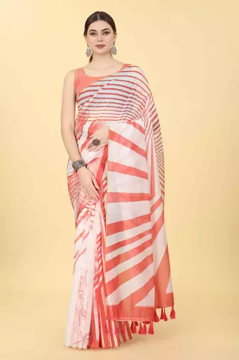 Silk Land  Red  Printed Cotton Blend Saree 