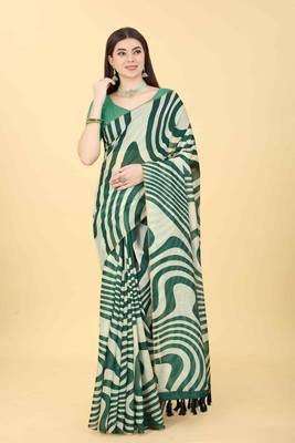 Silk Land  Green  Printed Cotton Blend Saree  1