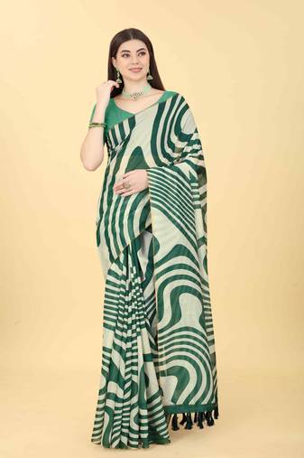 Silk Land  Green  Printed Cotton Blend Saree 
