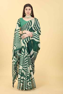 Silk Land  Green  Printed Cotton Blend Saree  4