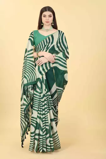 Silk Land  Green  Printed Cotton Blend Saree 