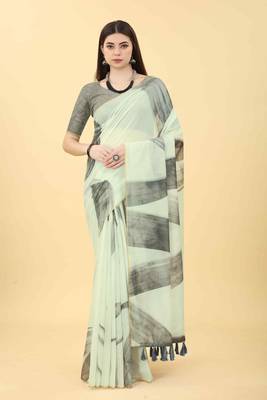 Silk Land  White  Printed Cotton Blend Saree  1