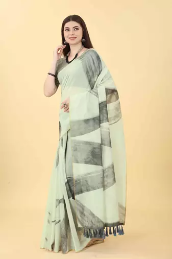 Silk Land  White  Printed Cotton Blend Saree 