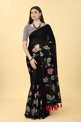 Silk Land  Black  Printed Cotton Blend Saree  1