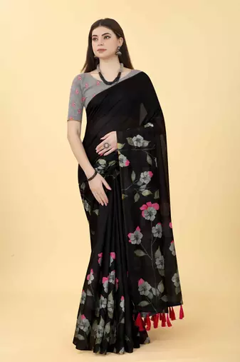 Silk Land  Black  Printed Cotton Blend Saree 