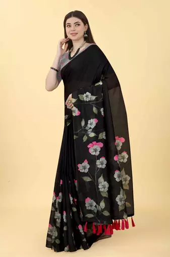 Silk Land  Black  Printed Cotton Blend Saree 
