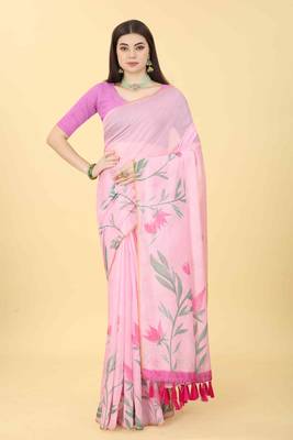 Silk Land  Pink  Printed Cotton Blend Saree  1
