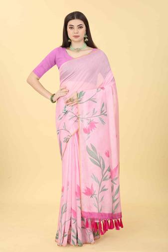 Silk Land  Pink  Printed Cotton Blend Saree 