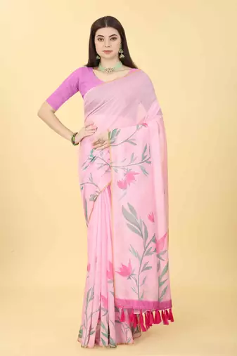 Silk Land  Pink  Printed Cotton Blend Saree 