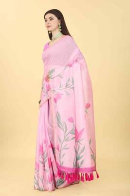Silk Land  Pink  Printed Cotton Blend Saree  2