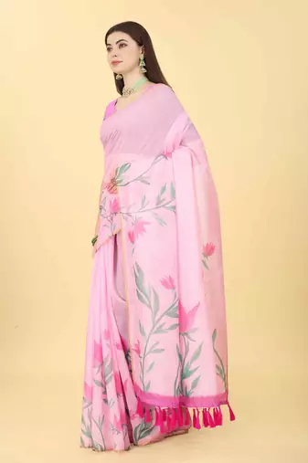 Silk Land  Pink  Printed Cotton Blend Saree 