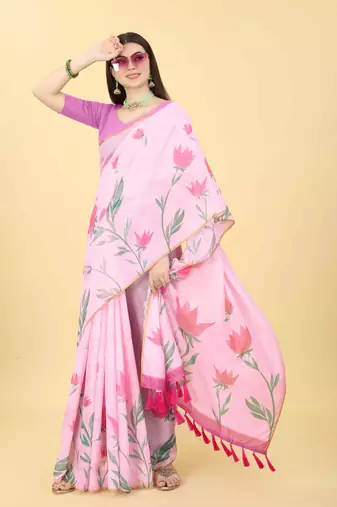 Silk Land  Pink  Printed Cotton Blend Saree 