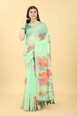 Silk Land  Sea Green  Printed Cotton Blend Saree  1