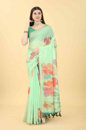 Silk Land  Sea Green  Printed Cotton Blend Saree 
