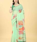 Silk Land  Sea Green  Printed Cotton Blend Saree 
