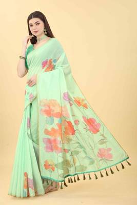 Silk Land  Sea Green  Printed Cotton Blend Saree  2