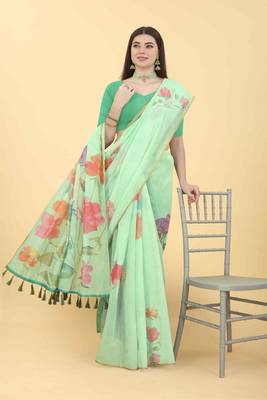 Silk Land  Sea Green  Printed Cotton Blend Saree  4