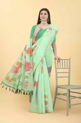 Silk Land  Sea Green  Printed Cotton Blend Saree 