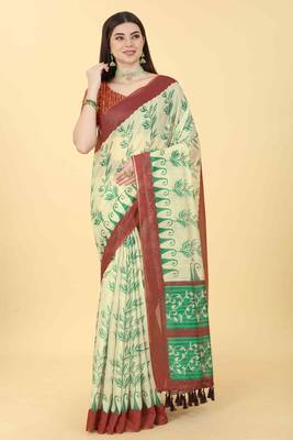 Silk Land  Beige  Printed Cotton Blend Saree  1