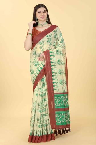 Silk Land  Beige  Printed Cotton Blend Saree 