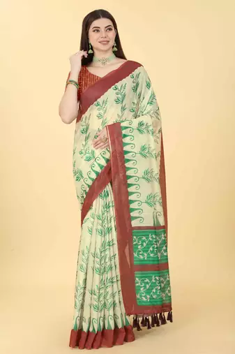 Silk Land  Beige  Printed Cotton Blend Saree 
