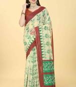 Silk Land  Beige  Printed Cotton Blend Saree 