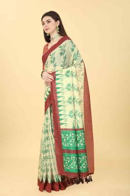 Silk Land  Beige  Printed Cotton Blend Saree  2